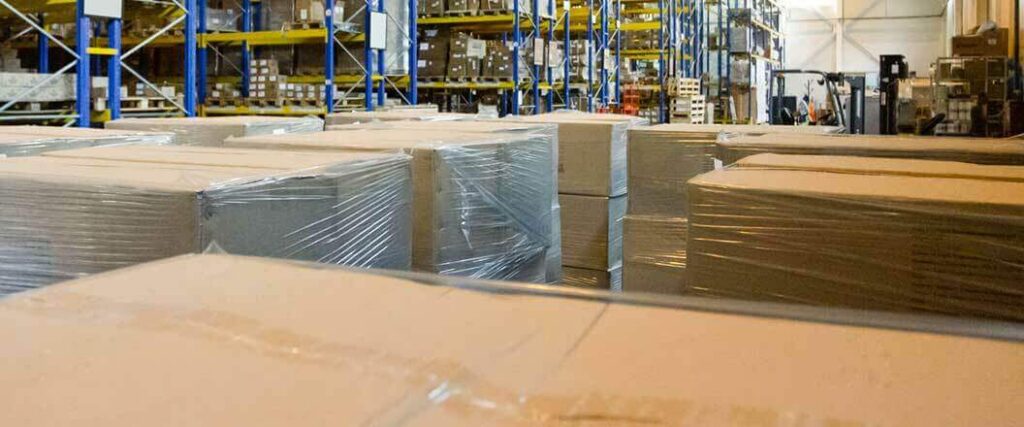 Palletized boxes in a 3PL warehouse