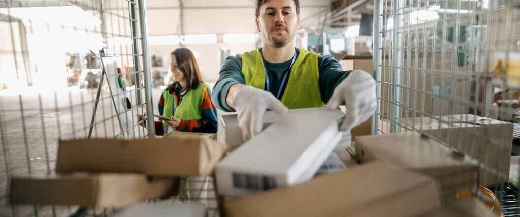 Warehouse workers in safety vests packing up freight in a boxes