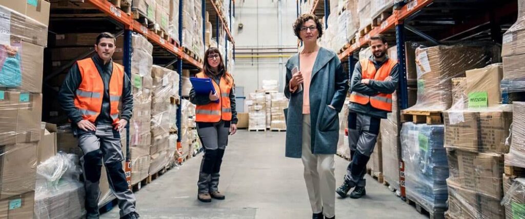 Warehouse workers in an aisle of shelves with palletized freight